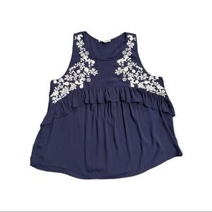 Andree By Unit Embroidered Ruffles Sleeveless Navy Blue Top L
